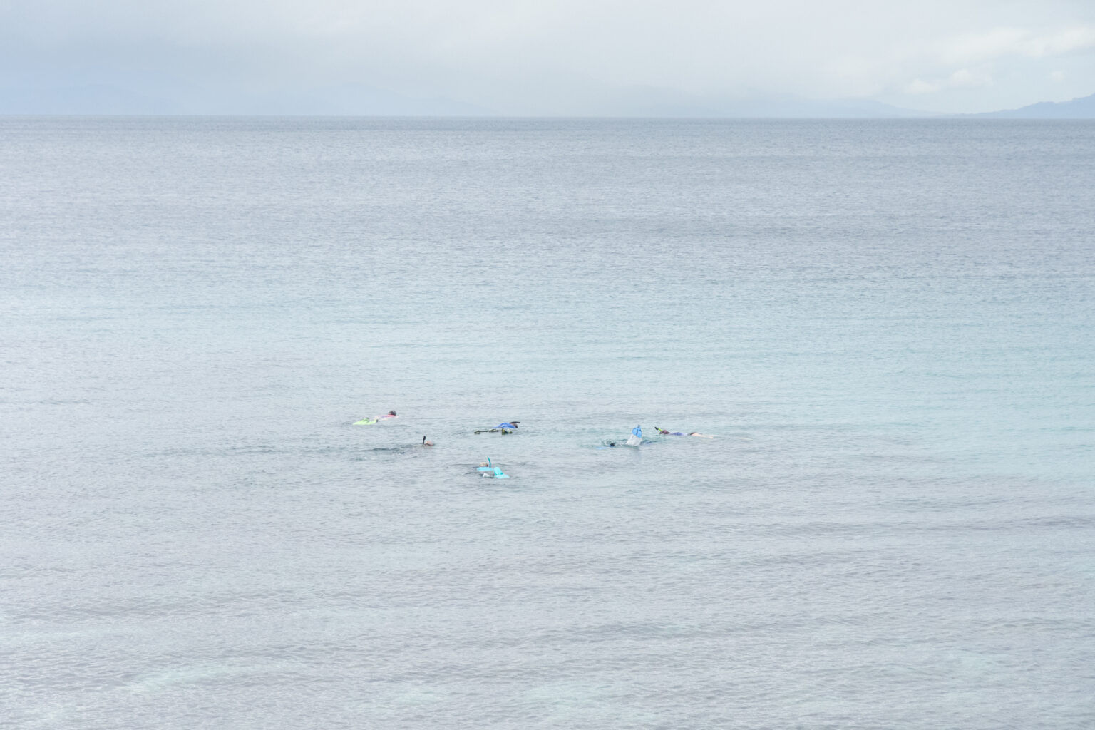 People snorkel in ocean, seen from above