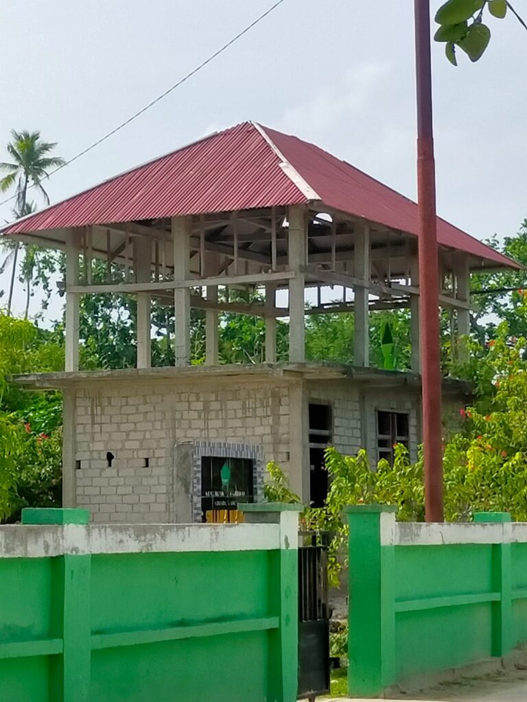 A newly constructed building in front of a background of green trees
