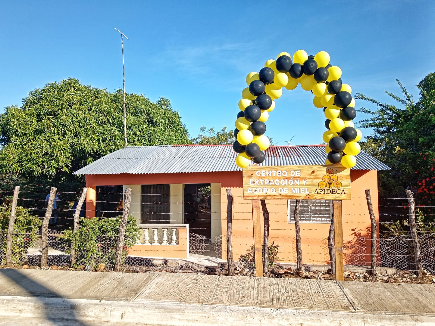 A building with a yellow and black balloon arch and a sign that reads "Centro de extracion y acopio de miel"