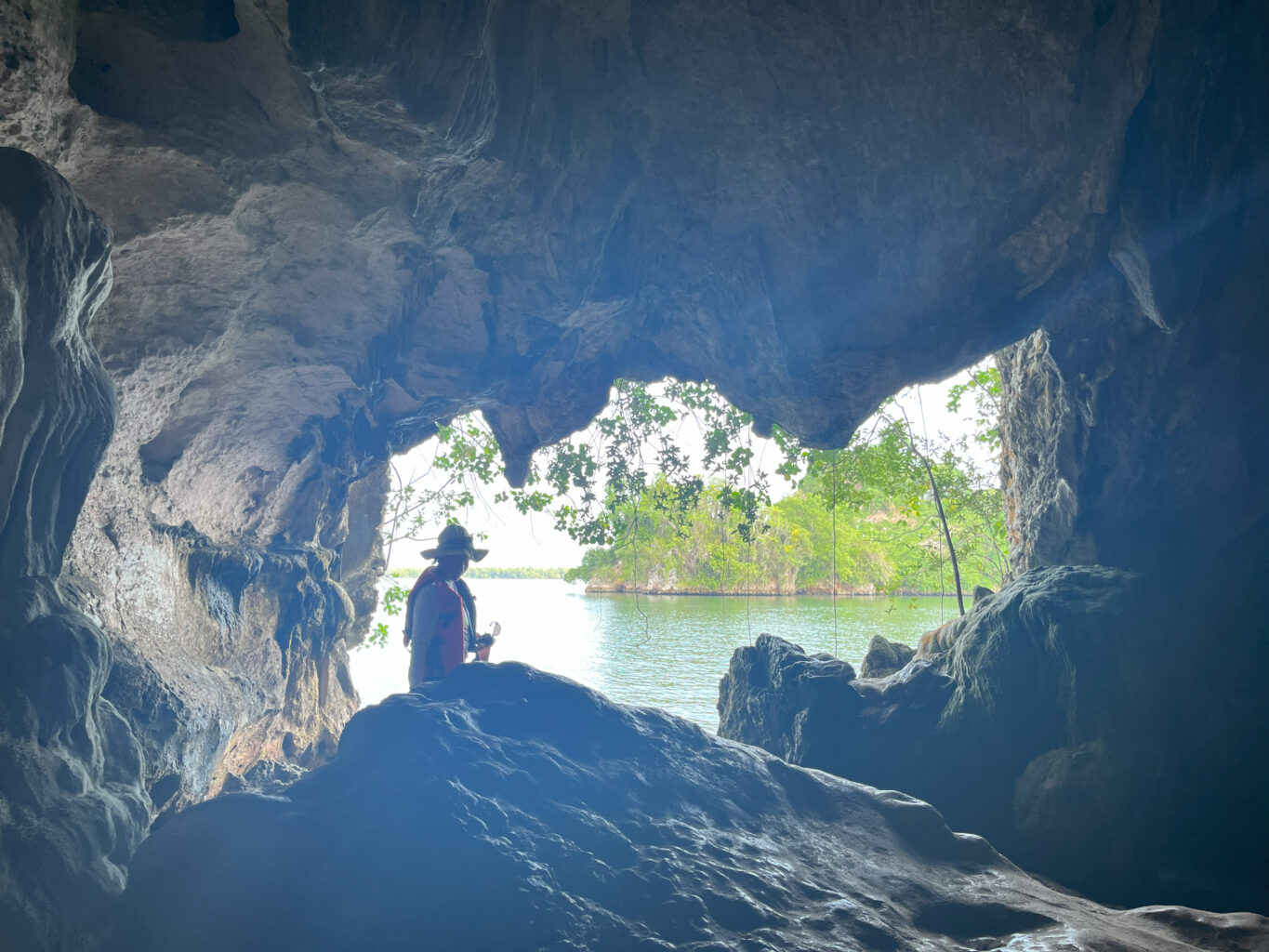 Looking out from cave with silhouette of person against water