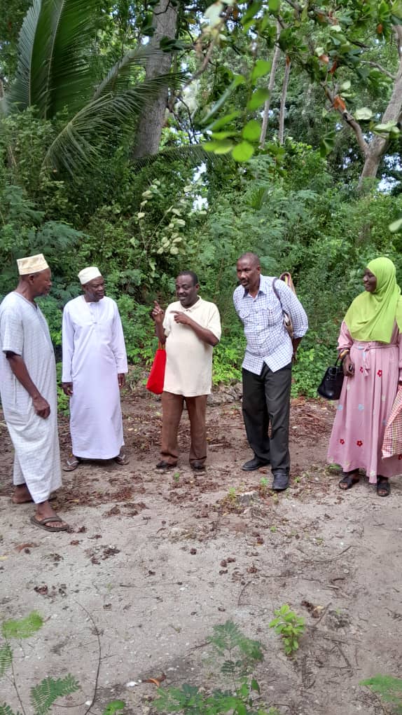 A group of people stand and talk outside