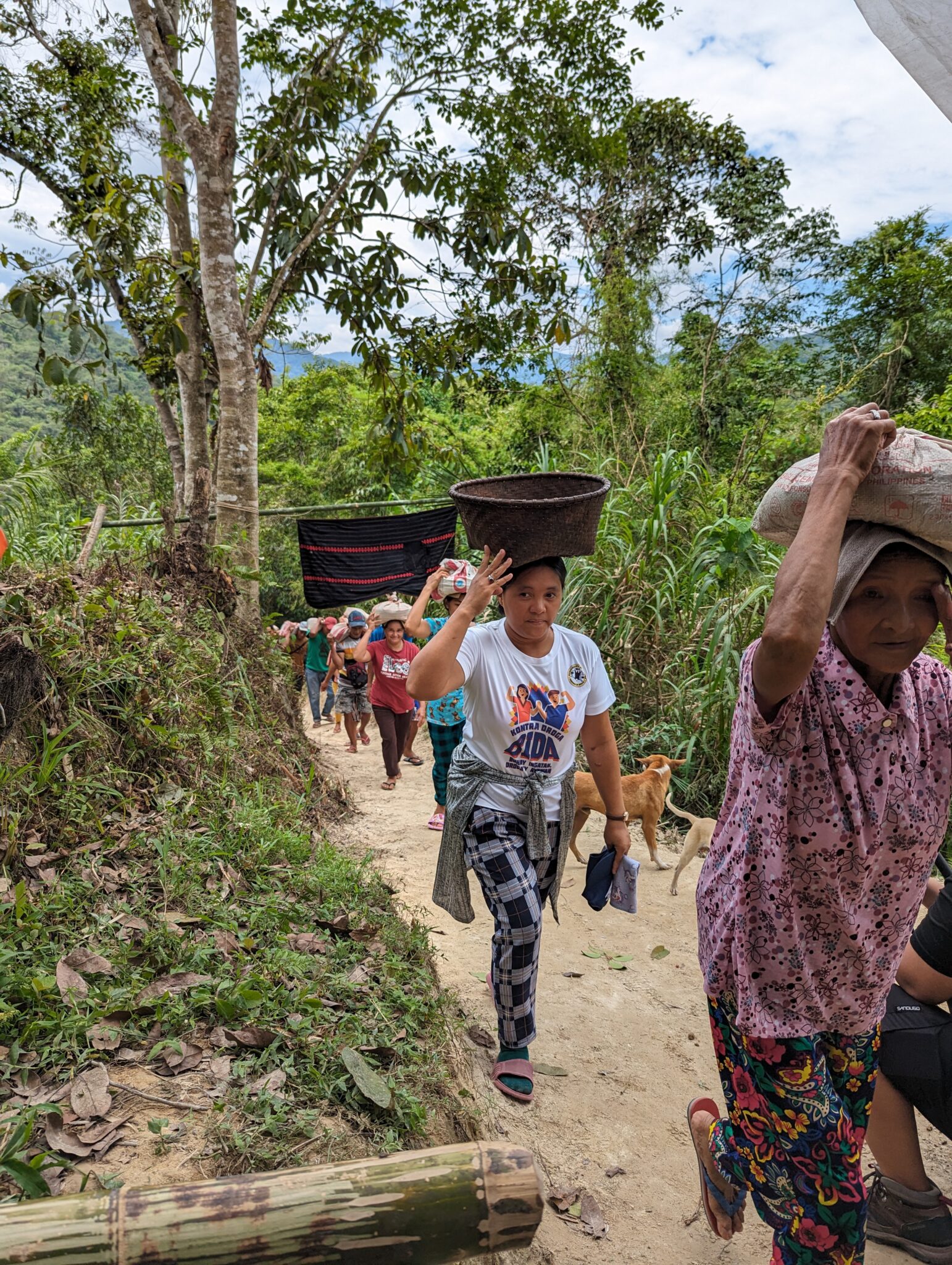 A group of people walk up a forested path carrying baskets and materials on their heads