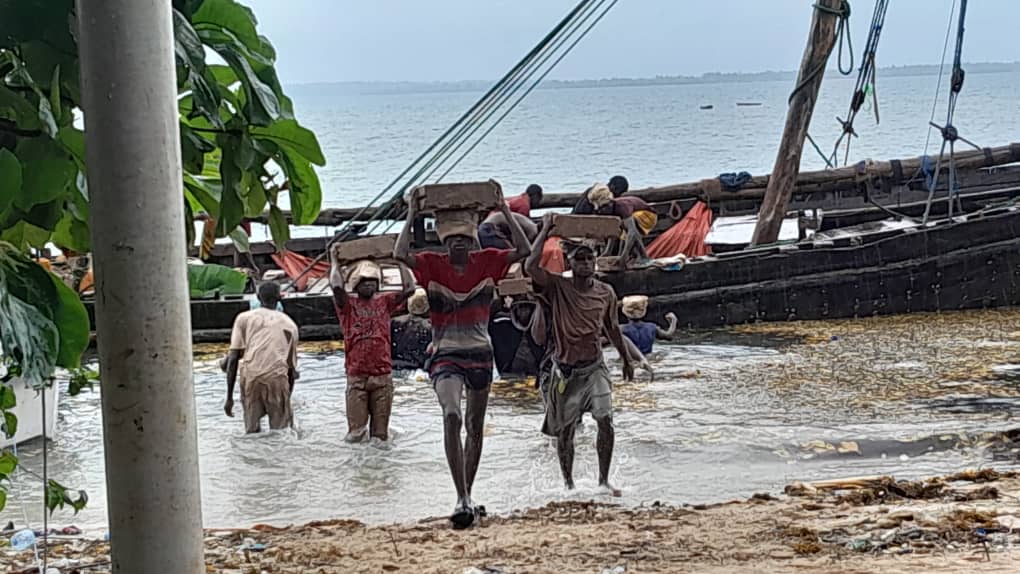 A group of people carry loads of construction materials from a boat across a beach