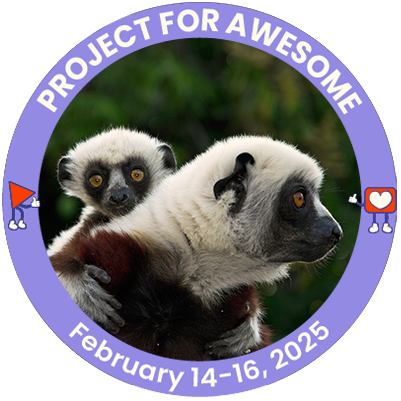 circular Project for Awesome badge with adult and baby lemurs